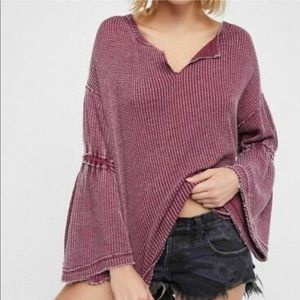 Free People - Distressed Thermal Top. Wine color with bell sleeves